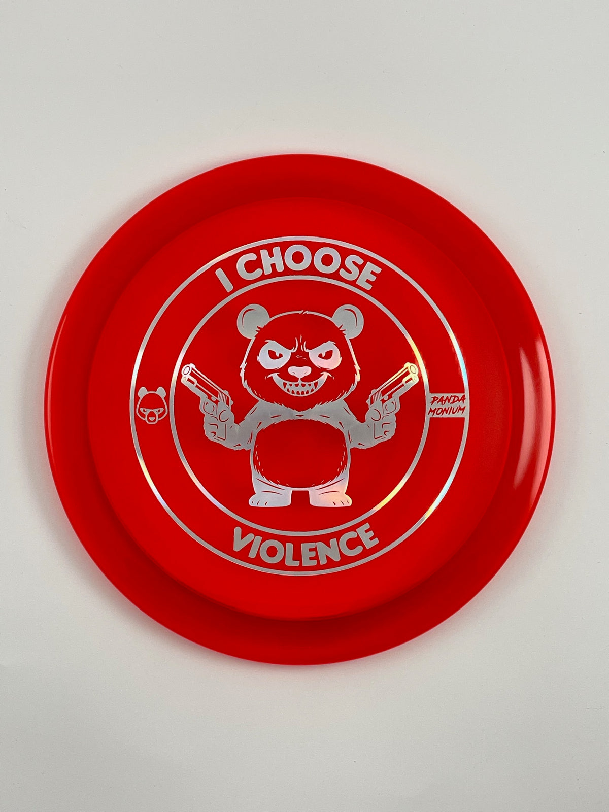 Discraft Raptor disc golf fairway driver in red Z Line plastic with Pandamonium I Choose Violence stamp
