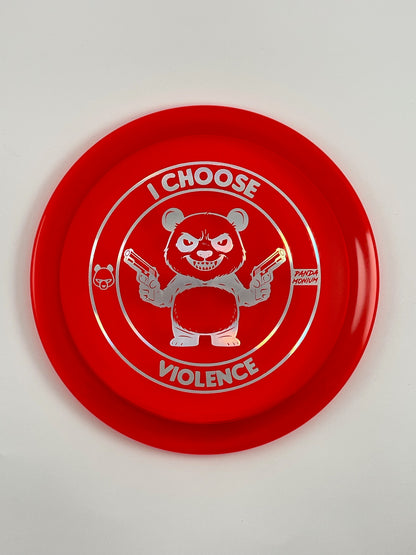 Discraft Raptor disc golf fairway driver in red Z Line plastic with Pandamonium I Choose Violence stamp