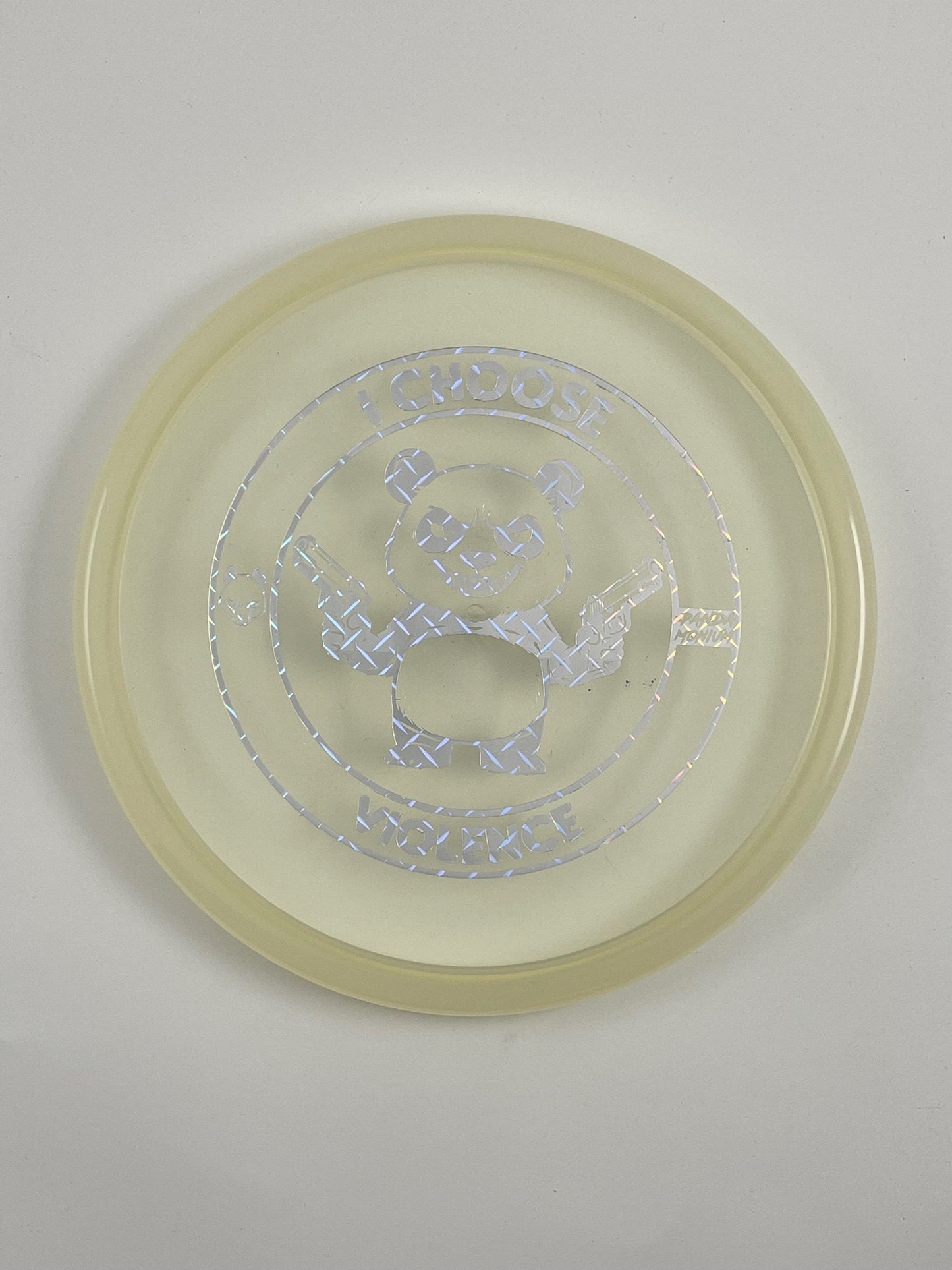 Discraft Zone disc golf putt and approach in clear Z Line plastic with Pandamonium I Choose Violence stamp