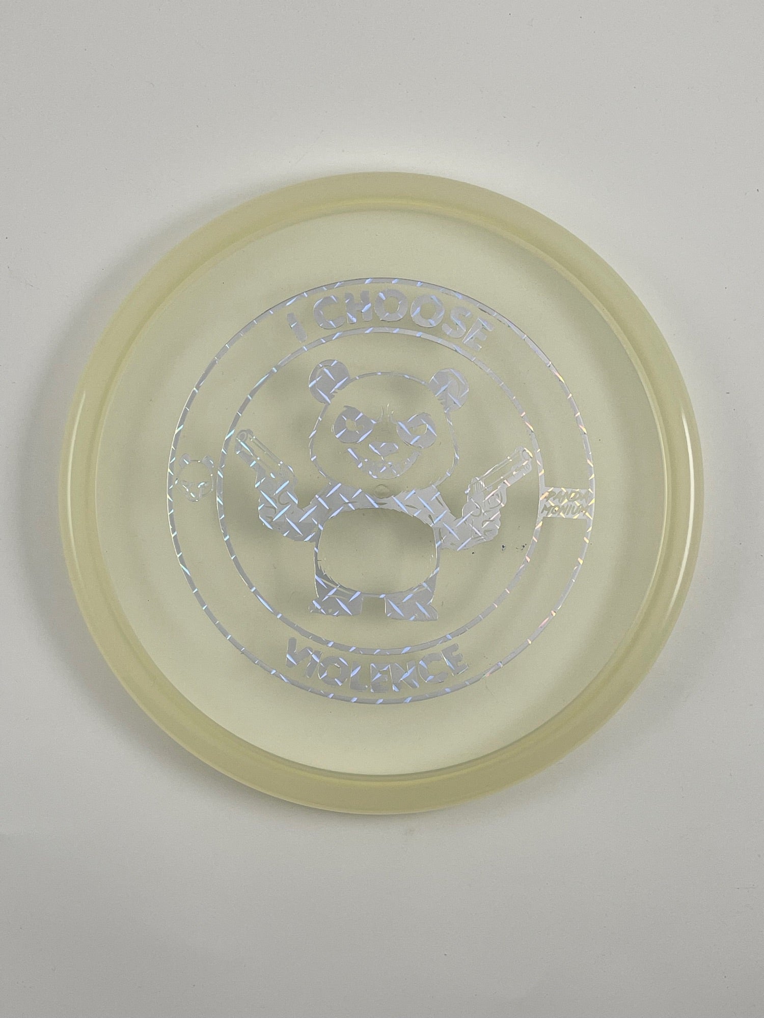 Discraft Zone disc golf putt and approach in clear Z Line plastic with Pandamonium I Choose Violence stamp