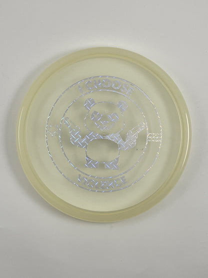 Discraft Zone disc golf putt and approach in clear Z Line plastic with Pandamonium I Choose Violence stamp