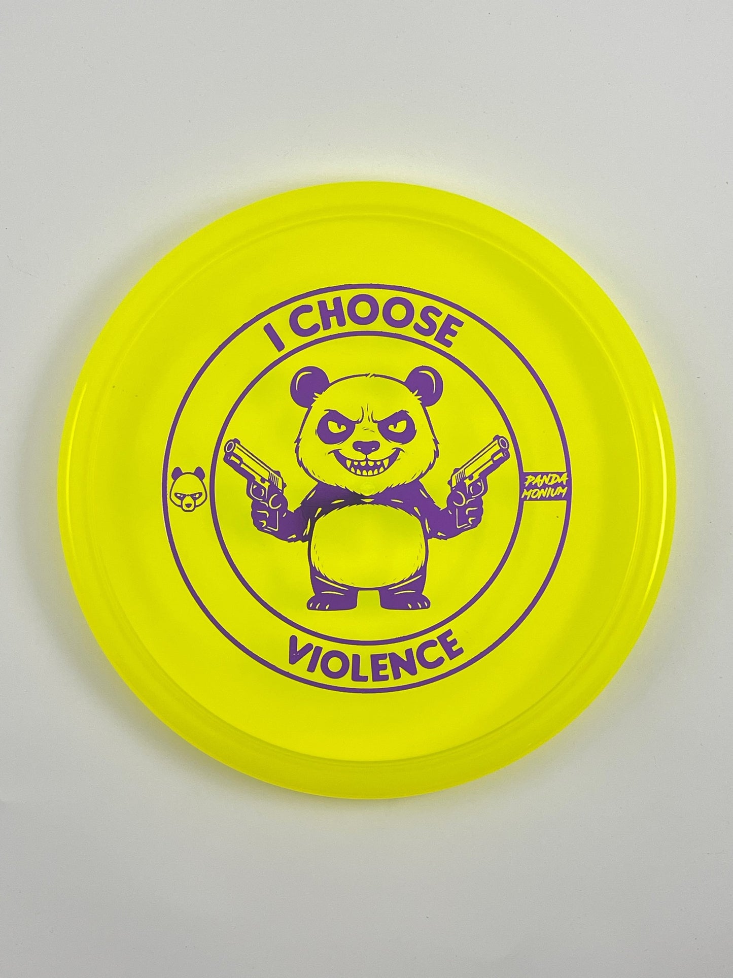 Discraft Zone disc golf putt and approach in yellow Z Line plastic with Pandamonium I Choose Violence stamp