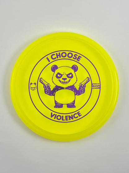 Discraft Zone disc golf putt and approach in yellow Z Line plastic with Pandamonium I Choose Violence stamp